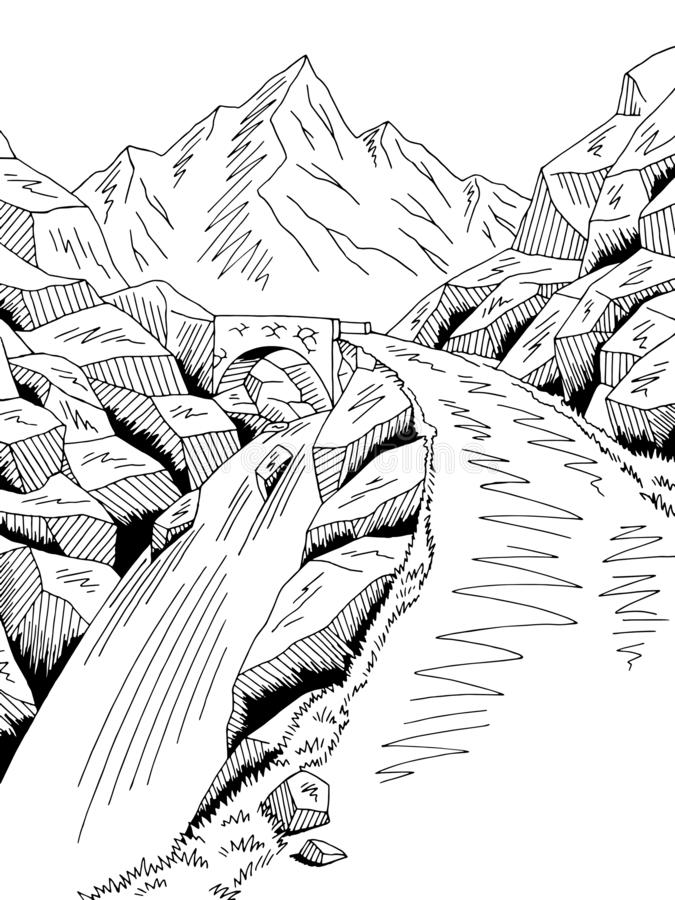 gambar sketsa air terjun pegunungan