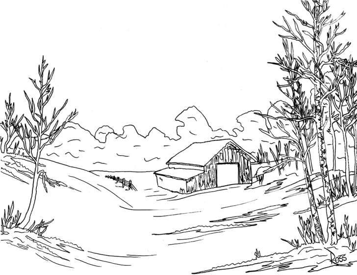 gambar sketsa pemandangan alam desa