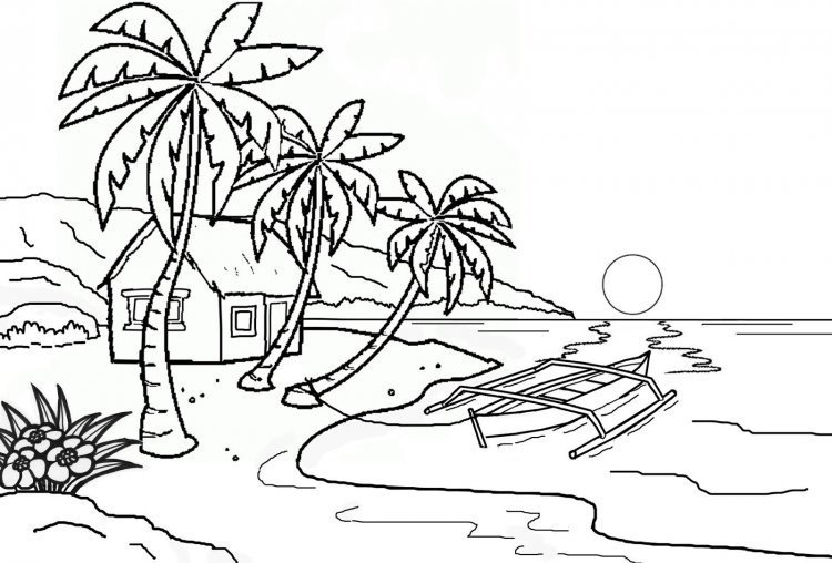 gambar sketsa pemandangan alam pantai