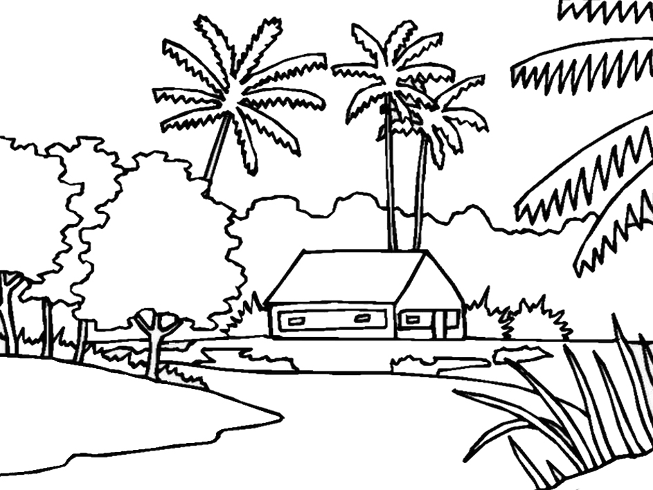 contoh mewarnai gambar sketsa pemandangan desa