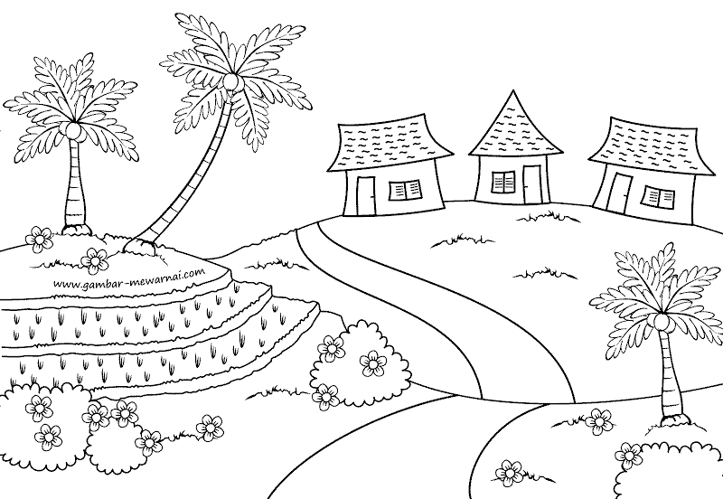 gambar sketsa pemandangan desa